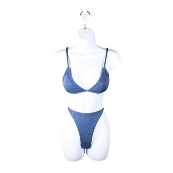 Ribbed Triangle Two Piece Bikini Swimsuit Set Blue Size Medium - Picture 1 of 5